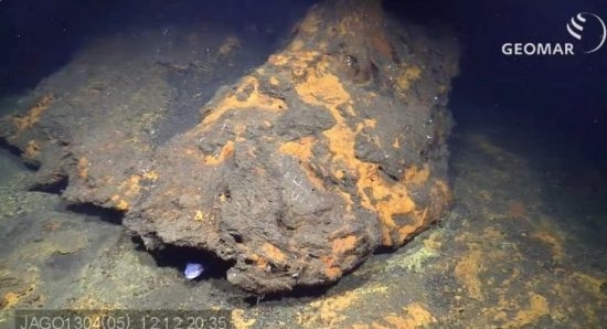 66.5 (c) High concentrations of iron oxides can be seen in this area, which also serves as a home for conger eels (205m deep). In the photo, the head of one of these eels can be seen.