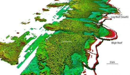106.1 (c) North-westerly view of the Bligh Reef area off Cape York. Depths are coloured red (shallow) to blue (deep), over a depth range of about 50 metres. (c) www.deepreef.org (Bathymetry data © Australian Hydrographic Service)