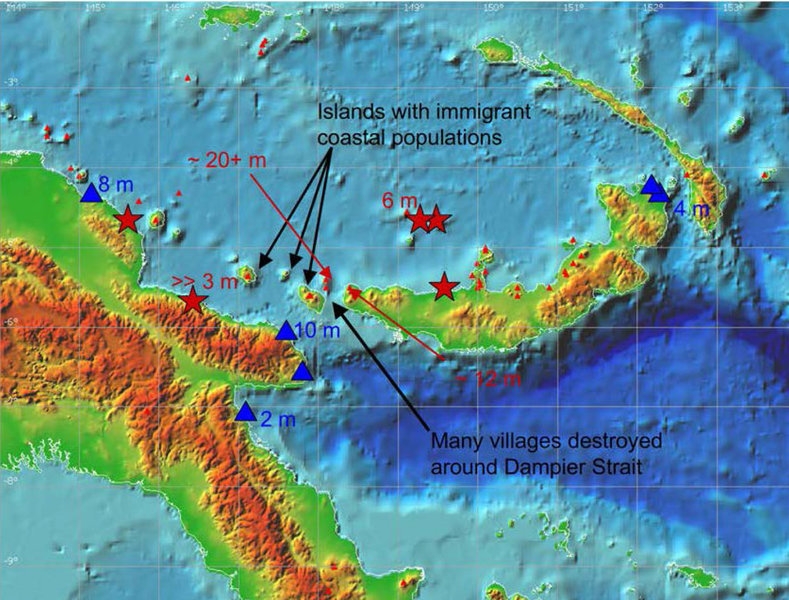 2016_11_08_Tsunami_karte-tsunamis_675ebc2076 (c) The work area of the expedition. The red stars are the villages that were destroyed by the Knights Island tsunami. The blue triangles show the places from which the tsunami was observed by German colonies.
(c) GEOMAR