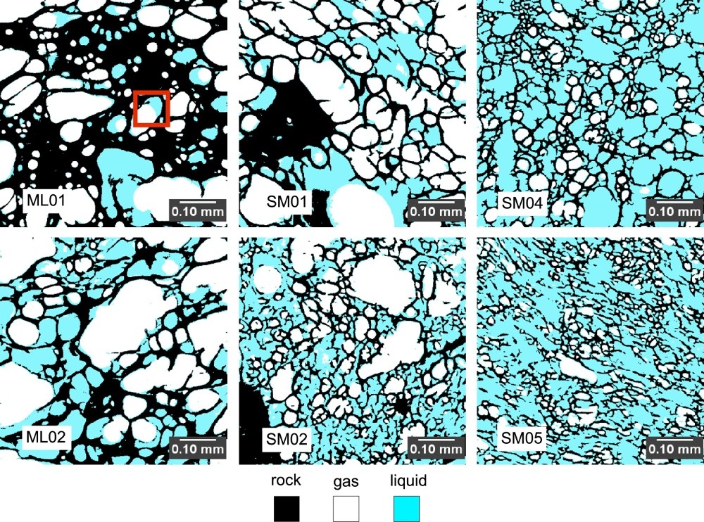 Concentrations of liquid and gas in samples of pumice stones are labeled in these images, produced by X-ray microtomography at Berkeley Lab’s Advanced Light Source.
(c) UC Berkeley, Berkeley Lab