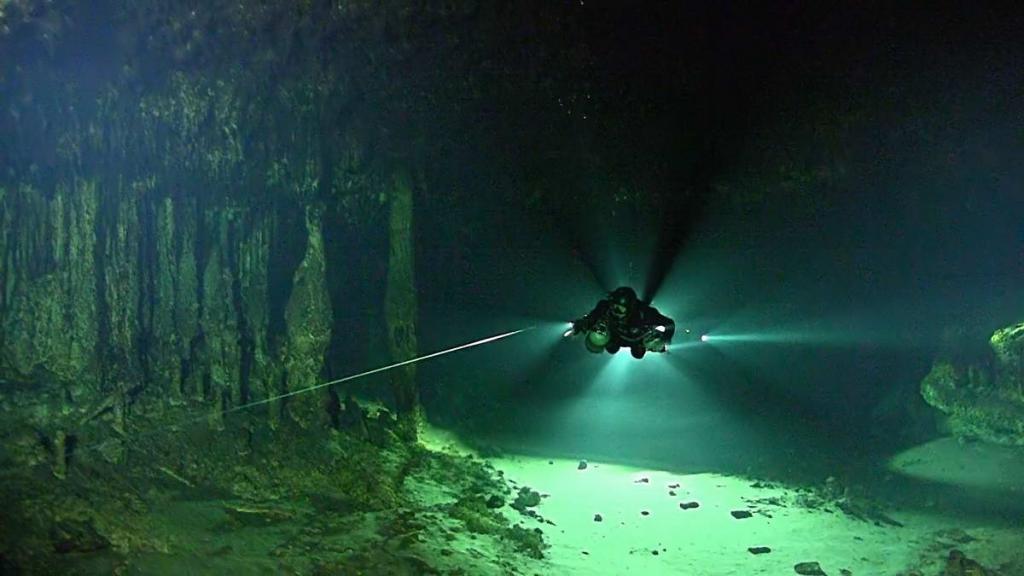 Diver (Bil Phillips, cave explorer) in Ox Bel Ha Cave System in the Yucatan Peninsula.
(c) HP Hartmann