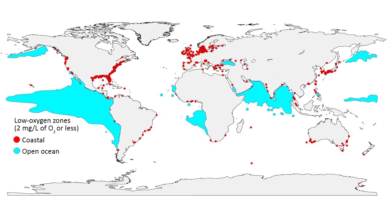 Map_GlobalLowOxygen (c) The areas of extreme oxygen depletion are growing both in the open ocean and in coastal regions. © GO2NE working group. Data from the World Ocean Atlas 2013, Fig. By R. J. Diaz