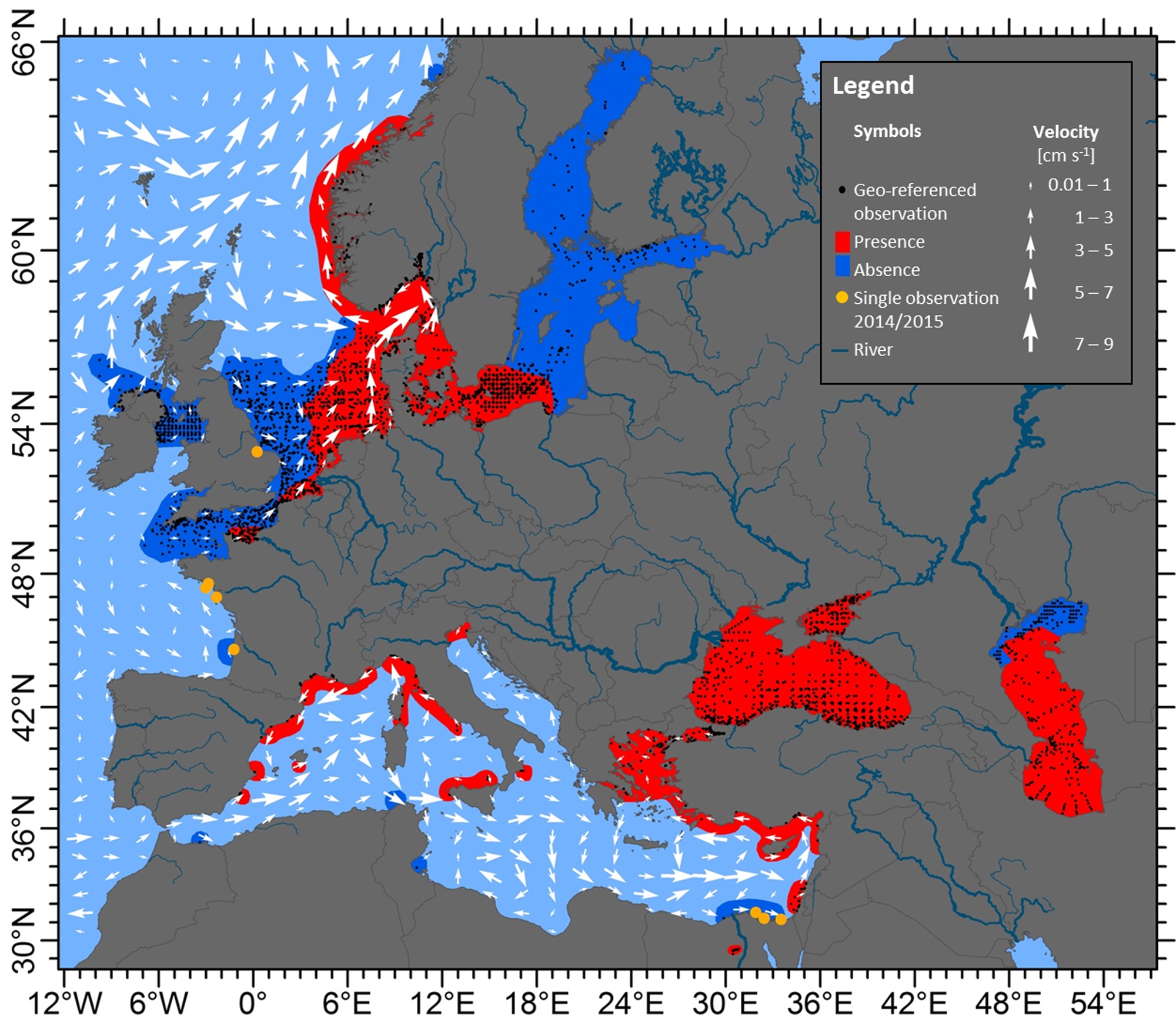 Distribution of Mnemiopsis leidyi in Western Eurasian waters for the period from 1990 to November 2016 based on 12,400 geo-referenced observations (black dots), with the areas presence (red) and absence (dark blue) marked.
(c) Cornelia Jaspers / GEOMAR, DTU Aqua