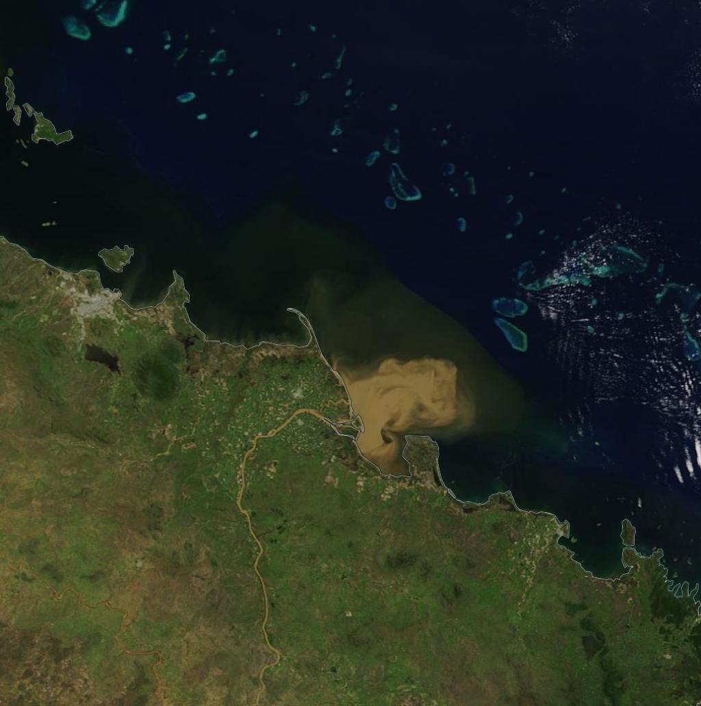 NASA_2019 (c) Summer flooding in Australia delivers significant freshwater runoff into the Coral Sea creating concerns over the impact to the adjacent Great Barrier Reef. (c) USGS/NASA Landsat