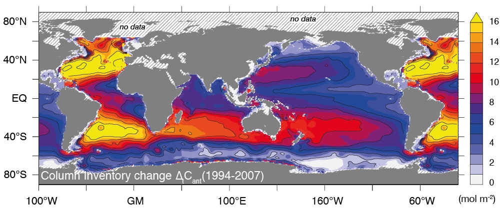 grafik (c) Increase of manmade CO₂ (column up to 3000 meters depth) in the oceans between 1994 and 2007. Areas with a high increase are coloured yellow,
(c) Gruber et al., Science, 2019