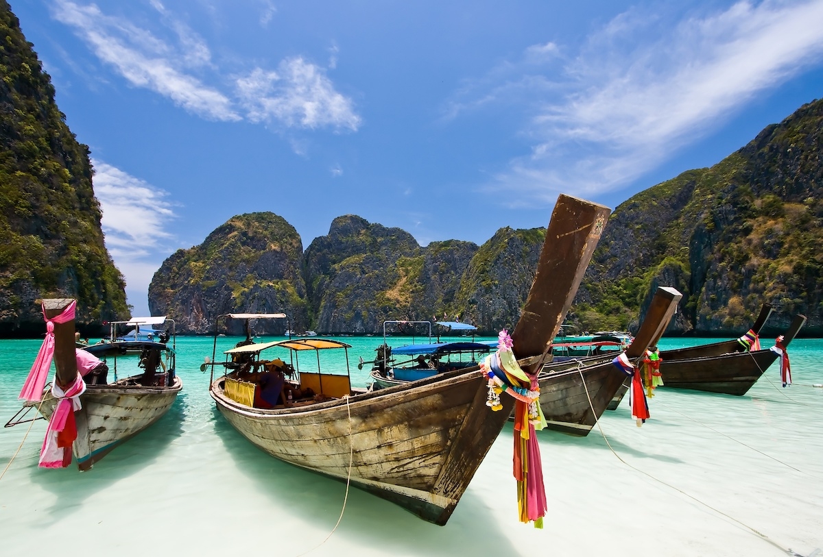 Long Tail Boat at Maya bay, PhiPhi Island , Phuket Thailand - a fascinating dive destination